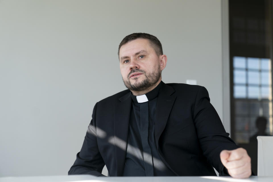 Bishop Ivan Rusyn speaks during an AP interview, Monday, Oct. 30, 2023, at the U.S. Institute of Peace in Washington. (AP Photo/Stephanie Scarbrough)