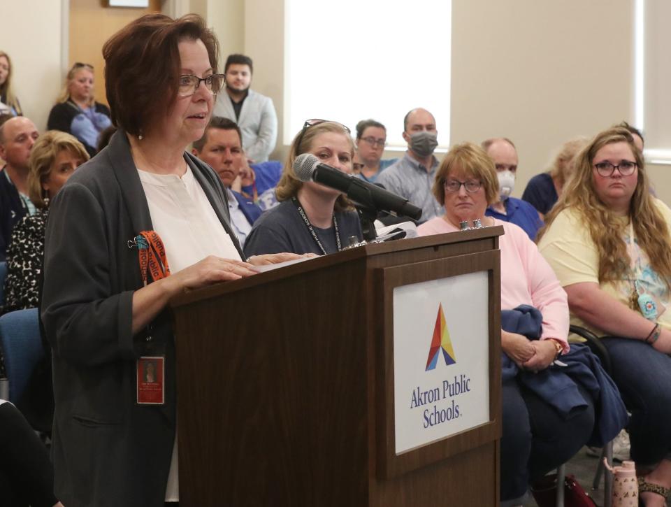 Ann Merendino, a third grade teacher, shares her concerns about how the district is planning to spend its stimulus dollars during Monday's school board meeting.