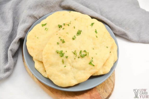 <p><a href="https://lowcarbyum.com/keto-naan-bread-recipe/" rel="nofollow noopener" target="_blank" data-ylk="slk:Low Carb Yum;elm:context_link;itc:0;sec:content-canvas" class="link ">Low Carb Yum</a></p><p>At just 4g net carbs per slice, this easy low-carb bread is a must! It's made with mozzarella cheese and almond flour, and it's gluten-free too.</p><p><strong>Get the recipe: <a href="https://lowcarbyum.com/keto-naan-bread-recipe/" rel="nofollow noopener" target="_blank" data-ylk="slk:Keto Naan Bread;elm:context_link;itc:0;sec:content-canvas" class="link ">Keto Naan Bread</a></strong></p>