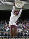 FILE - Serena Williams of the United States celebrates with the trophy after defeating Agnieszka Radwanska of Poland to win the women's final match at the All England Lawn Tennis Championships at Wimbledon, England, Saturday, July 7, 2012. Saying “the countdown has begun,” 23-time Grand Slam champion Serena Williams announced Tuesday, Aug. 9, 2022, she is ready to step away from tennis so she can turn her focus to having another child and her business interests, presaging the end of a career that transcended sports. (AP Photo/Kirsty Wigglesworth, File)