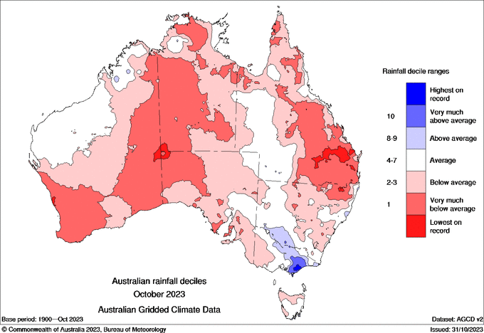 A map highlighting the areas of rainfall deficiencies across Australia during October. 