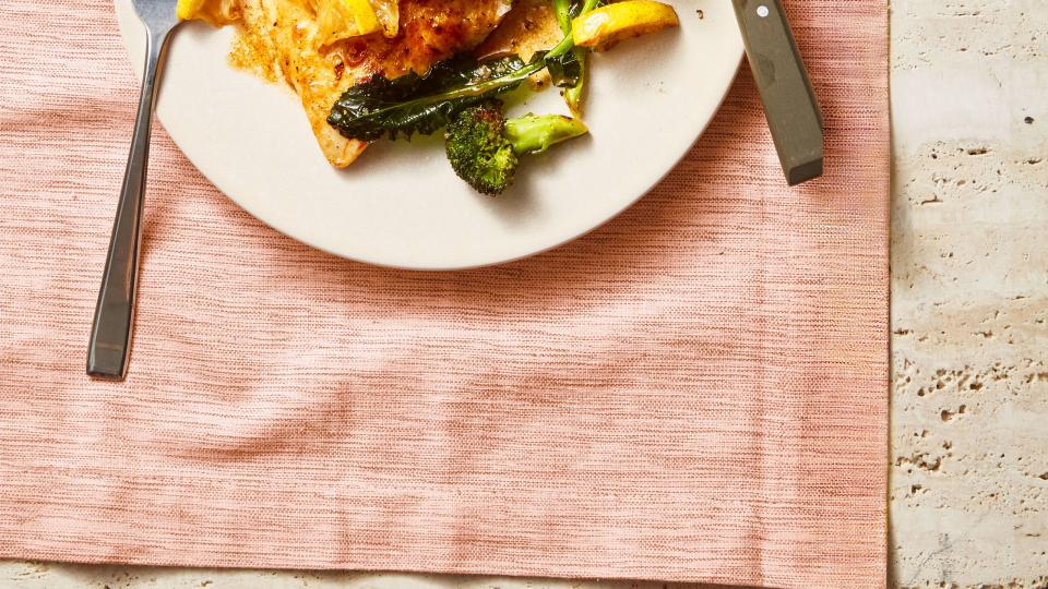 pan fried chicken with lemony roasted broccoli