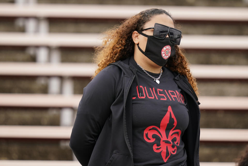 An Louisiana-Lafayette fan watches from the stands during the first half of an NCAA college football game against Iowa State, Saturday, Sept. 12, 2020, in Ames, Iowa. (AP Photo/Charlie Neibergall)