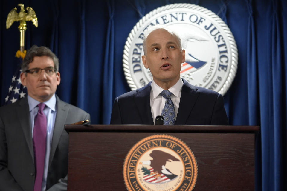 Assistant Attorney General Justice Department's National Security Division Matthew Olsen, right, faces reporters as Acting U.S. Attorney District of Massachusetts Joshua Levy, left, looks on during a news conference, Monday, March 4, 2024, in Boston. Massachusetts Air National Guardsman Jack Teixeira plead guilty in federal court Monday to leaking highly classified military documents about Russia's war in Ukraine and other national security secrets. (AP Photo/Steven Senne)