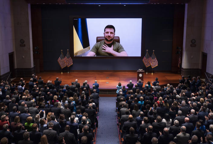 Volodymyr Zelensky speaks to the U.S. Congress by video.