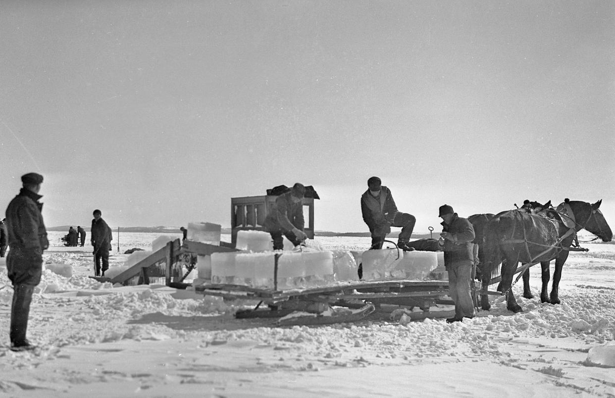 Blocks of ice harvested from Lake Charlevoix hoisted on to horse-drawn sledges for transport to lakeside warehouses.