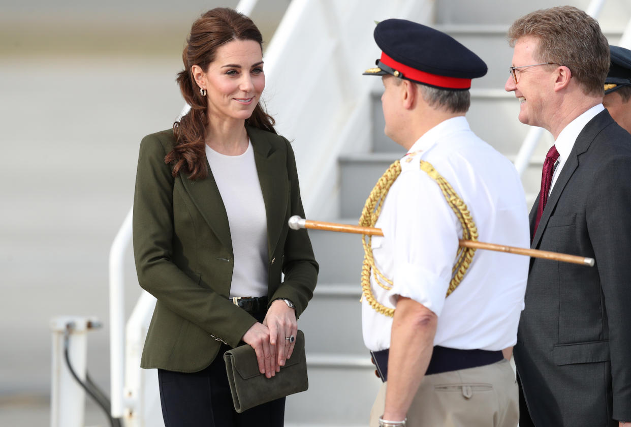 The Duchess of Cambridge touched down at RAF Akrotiri in Cyprus this afternoon in a Meghan-inspired tailored ensemble [Photo: PA]