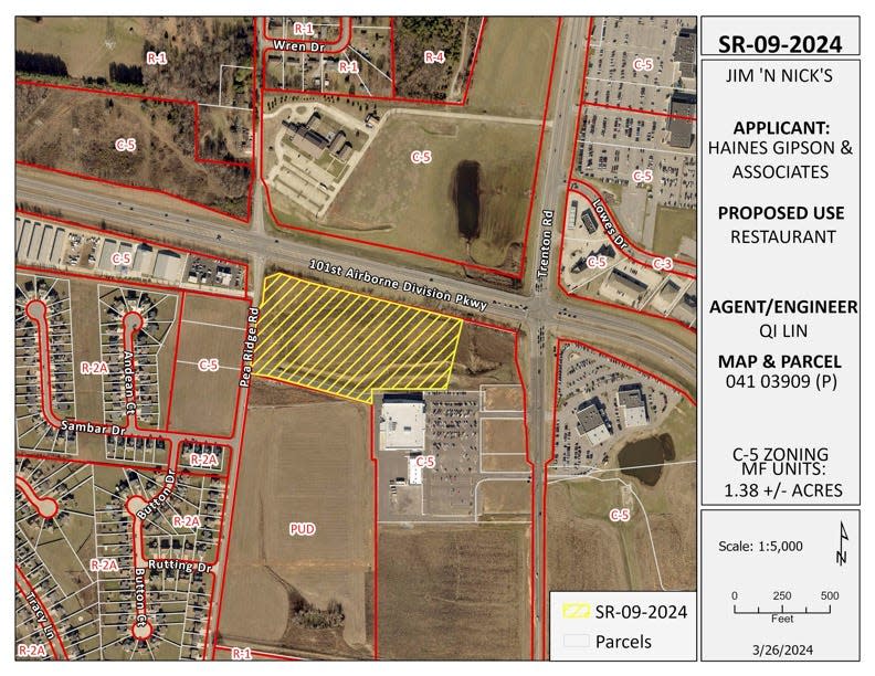 Jim 'N Nick's would sit on 1.38 acres in its proposed location on 101st Airborne Division Parkway and Pea Ridge Road in Clarksville.