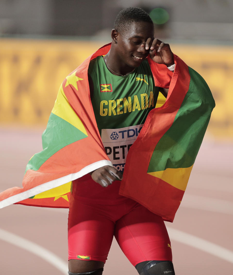 Anderson Peters, of Grenada reacts after winning the gold medal in the men's javelin throw final at the World Athletics Championships in Doha, Qatar, Sunday, Oct. 6, 2019. (AP Photo/Nariman El-Mofty)