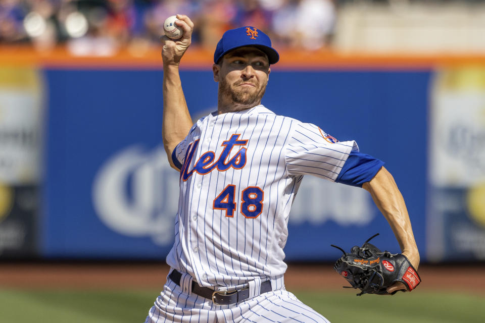 New York Mets starting pitcher Jacob deGrom throws during the second inning of a baseball game against the Pittsburgh Pirates, Sunday, Sept. 18, 2022, in New York. (AP Photo/Julia Nikhinson)