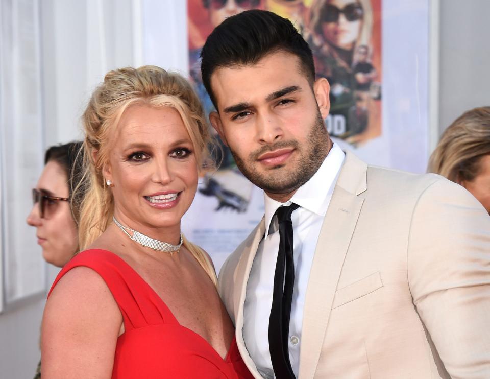 Britney Spears and Sam Asghari appear at the Los Angeles premiere of "Once Upon a Time in Hollywood" on July 22, 2019.