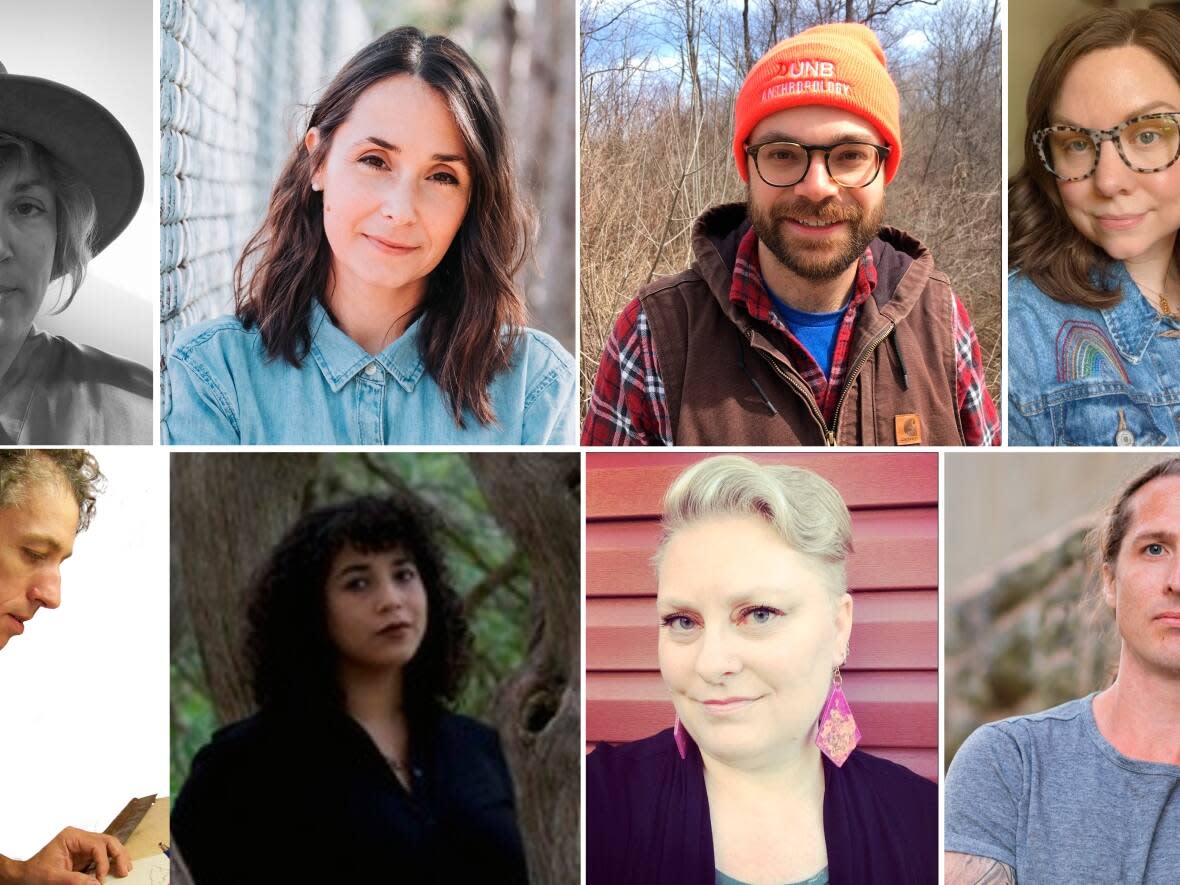 The shortlisted New Brunswick authors and illustrators, top row, from left: Amber McMillan, Ardath Whynacht, Gabriel Hrynick and Jodie Callaghan. Bottom row, from left: Réjean Roy, Rebecca Salazar, Triny Finlay and David Huebert. (Compilation of photos submitted by Atlantic Book Awards - image credit)