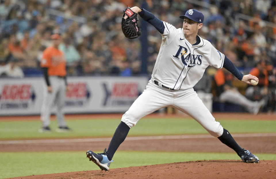 Tampa Bay Rays starter Ryan Yarbrough pitches against the Baltimore Orioles during the third inning of a baseball game Saturday, July 16, 2022, in St. Petersburg, Fla. (AP Photo/Steve Nesius)