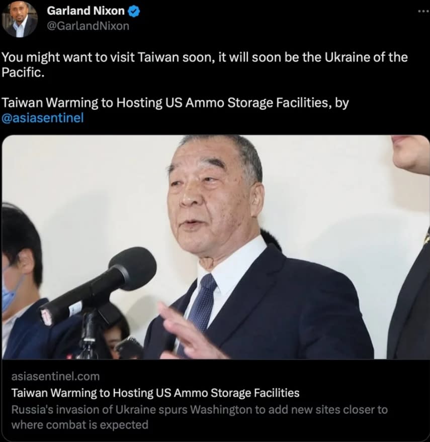  美國媒體人嘉蘭尼克森（Garland Nixon）近日在推特表示，台灣快成為太平洋的烏克蘭。翻攝嘉蘭尼克森推特@GarlandNixo