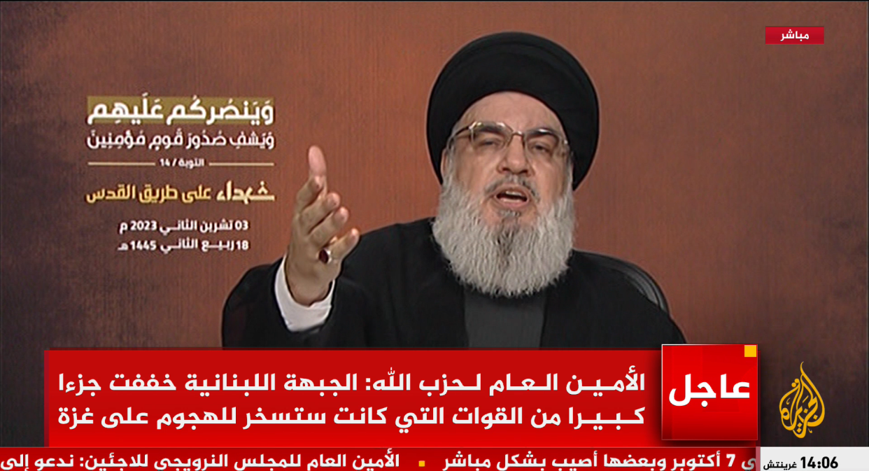 Hassan Nasrallah, le chef du Hezbollah, a prononcé ce vendredi 3 novembre son premier discours depuis l’attaque du Hamas contre Israël (capture d’écran de la chaîne Al-Jazeera)