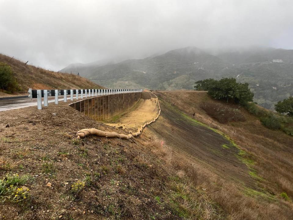 A wall constructed along San Marcos Road in Atascadero fixes where a landslide had taken away almost half the road during the January and March storms.