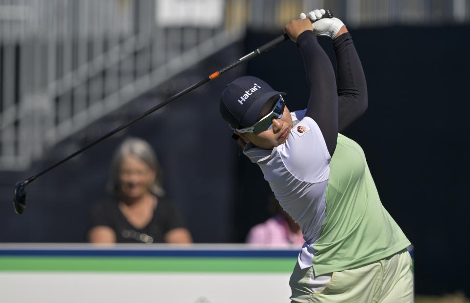 Chanette Wannasaen hits off the first tee during the first round of the LPGA Drive On Championship golf tournament at Bradenton Country Club, Thursday, Jan. 25, 2024, in Bradenton, Fla. (AP Photo/Steve Nesius)