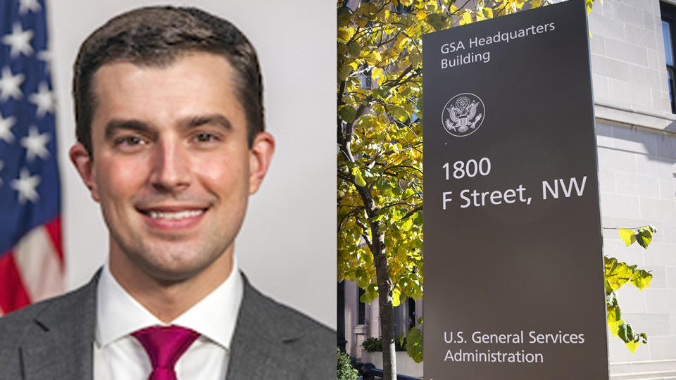 Trent Benishek and the General Services Administration building in Washington. (GSA.gov, Caroline Brehman/CQ-Roll Call, Inc via Getty Images)