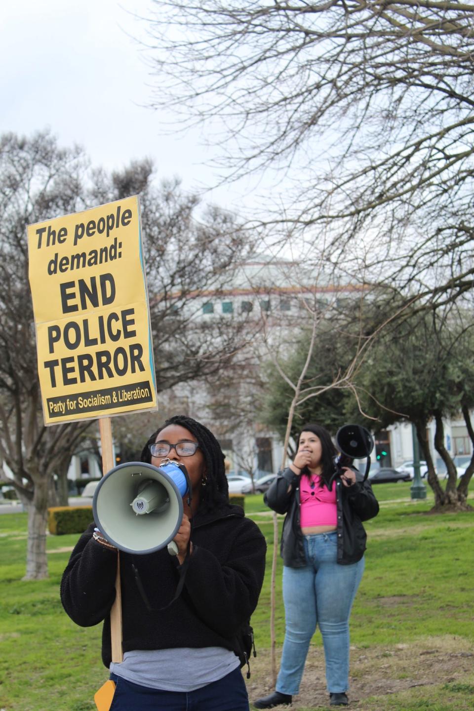 Janiyah Davis of Modesto attends a protest at the Martin Luther King Plaza in downtown Stockton on Sunday, January 29, 2023 to demand justice in the death of 29-year-old Memphis resident Tyre Nichols.