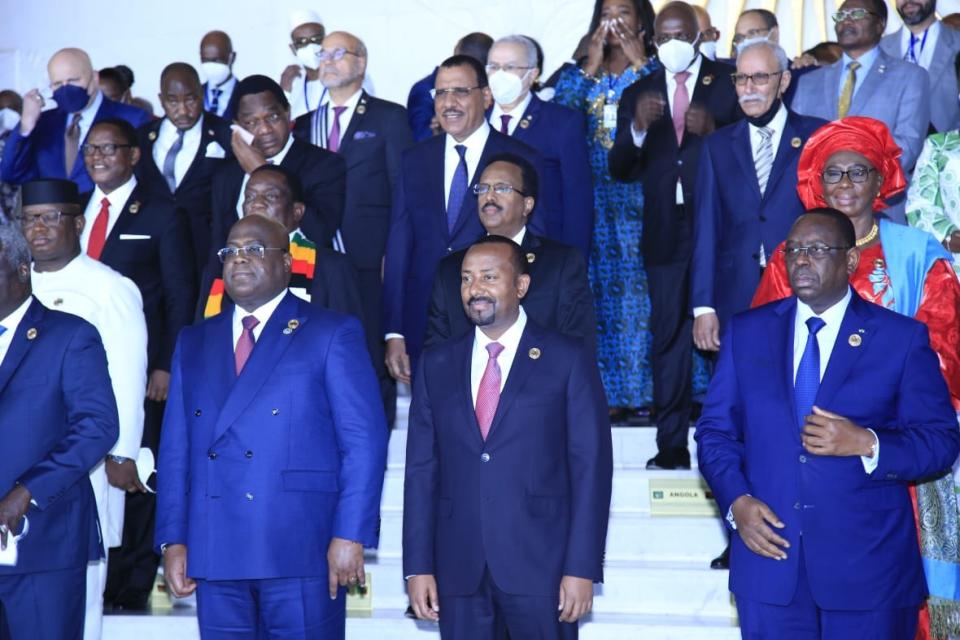 Ethiopian Prime Minister Abiy Ahmed (C) and other leaders are seen before posing for a photo following attending the 35th session of the African Union Summit kicks off in Addis Ababa, Ethiopia on February 05, 2022. (Photo by Minasse Wondimu Hailu/Anadolu Agency via Getty Images)