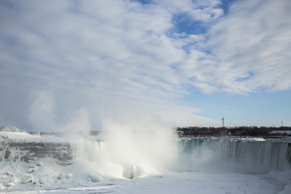 A partially frozen American Falls is seen in Niagara Falls, Ontario