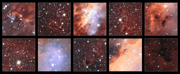 This collection of excerpts shows close-up views of some of the features in the glowing jumble of gas clouds making up a huge stellar nursery nicknamed the Prawn Nebula. Taken using the VLT Survey Telescope at ESO’s Paranal Observatory in Chile