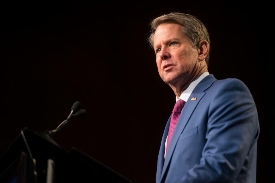 Republican gubernatorial candidate and current Georgia Gov. Brian Kemp speaks at the Georgia Municipal Association's conference at the Savannah Convention Center.