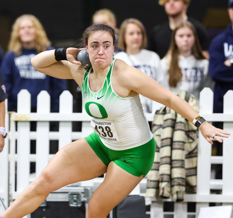 Oregon's Jorinde Van Klinken set a new NCAA women's indoor shot put record this season.