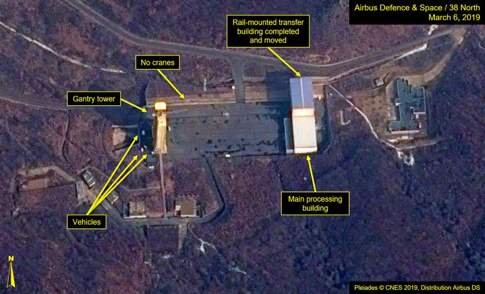 This image provided by Airbus Defence & Space and 38 North via a satellite image from CNES which was captured on March 6, 2019, shows the Sohae Satellite Launch Facility in Tongchang-ri, North Korea. North Korea is restoring facilities at the long-range rocket launch, which it dismantled last year as part of disarmament steps, according to foreign experts and a South Korean lawmaker who was briefed by Seoul's spy service. The finding follows a high-stakes nuclear summit last week between North Korean leader Kim Jong Un and President Donald Trump that ended without any agreement. Airbus Defence & Space and 38 North via AP)