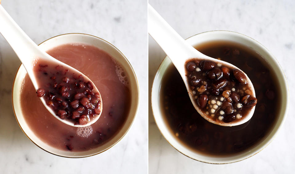 The black glutinous rice 'tong sui' is not too sweet with just a little 'santan' (left). Their red bean dessert also has bits of sago mixed with the red beans (right).