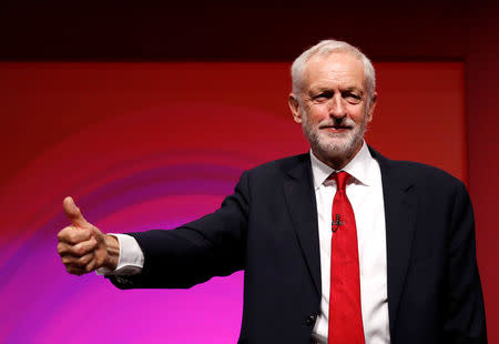 Britain's Labour Party leader Jeremy Corbyn acknowledges the audience's applause after he delivered his keynote speech at the Labour Party Conference in Liverpool, Britain, September 26, 2016. REUTERS/Phil Noble/Files