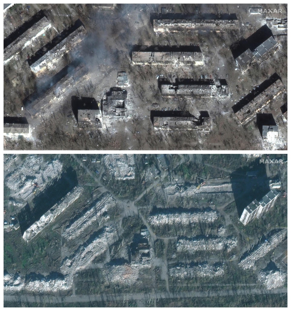 FILE - This combination of satellite images provided by Maxar Technologies shows damaged residential apartment buildings in the Livoberezhnyi district of Mariupol, Ukraine, on March 29, 2022, top, and on Nov. 30, 2022, after they were torn down. (Maxar Technologies via AP, File)