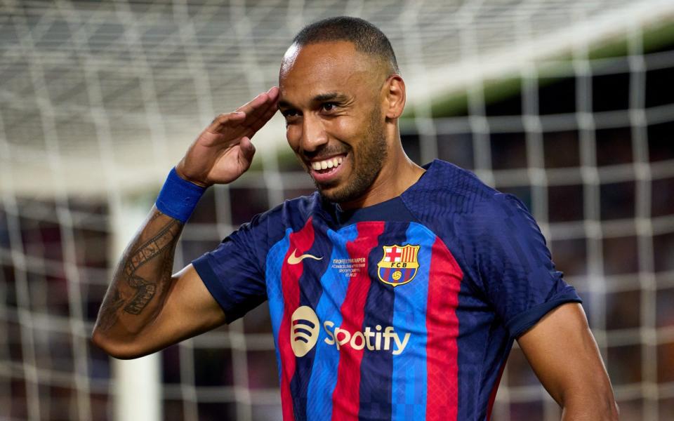 Pierre-Emerick Aubameyang of FC Barcelona celebrates after scoring his team's fifth goal during the Joan Gamper Trophy match between FC Barcelona and Pumas UNAM at Spotify Camp Nou - Alex Caparros/Getty Images