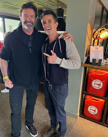 <p>Hugh Jackman/Instagram</p> Hugh Jackman and Rob McElhenney at Wrexham FC's match on Saturday