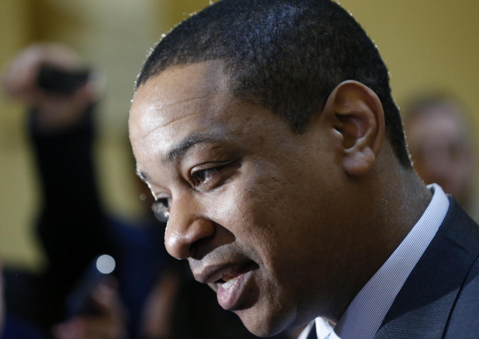 Virginia Lt. Gov. Justin Fairfax speaks to the media in the rotunda at the Capitol in Richmond, Va., Monday, Feb. 4, 2019. The Ivy League-educated lawyer and presiding officer in Virginia's Senate would become the state's second African-American governor should Ralph Northam resign over a racist photo on his 1984 medical school yearbook page. (AP Photo/Steve Helber)