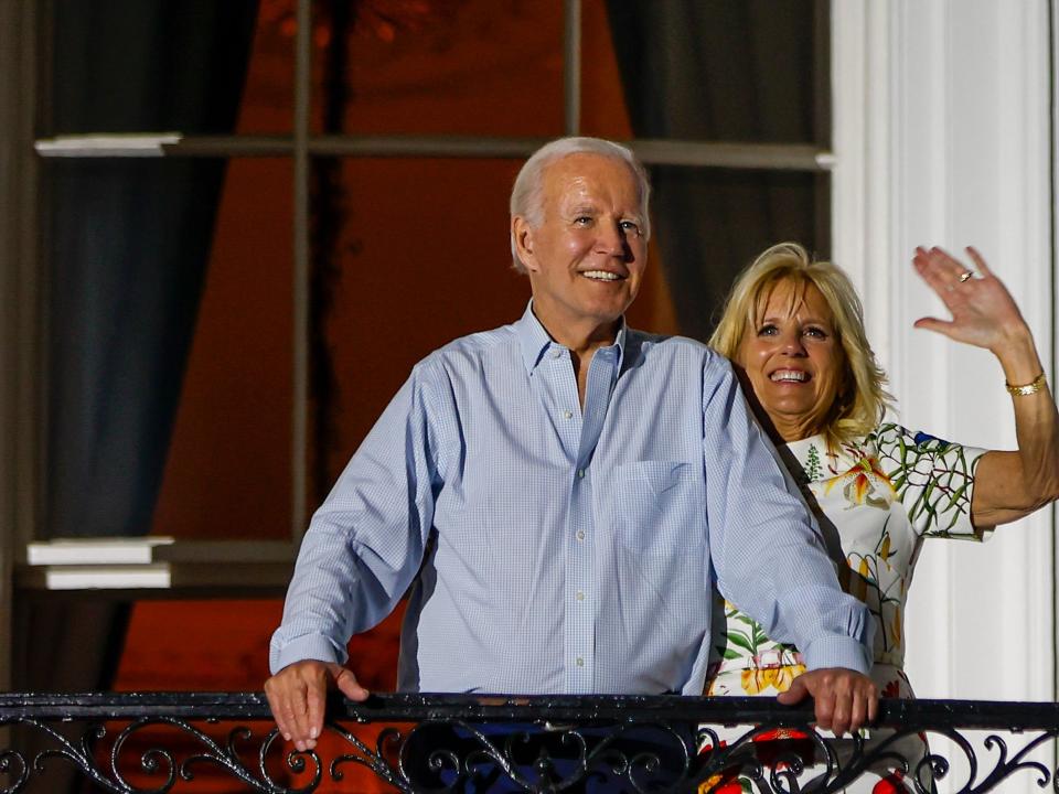 U.S. President Joe Biden and first lady Jill Biden watch fireworks go off on national mall from the White House on July 04, 2022 in Washington, DC. U.S.