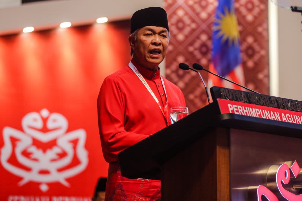 Umno president Datuk Seri Ahmad Zahid Hamidi speaks during the 2019 Umno General Assembly in Kuala Lumpur December 6, 2019. ― Picture by Firdaus Latif