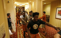 Members of the Texas Longhorns football team run through an obstacle course at the team hotel Saturday Sept. 7, 2019 Austin, Tx. ( Photo by Edward A. Ornelas )