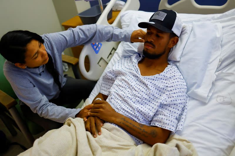 Eduard Caraballo, a Venezuelan migrant who was injured after a fire broke out last week at an immigration detention center in Ciudad Juarez, at a hospital in El Paso