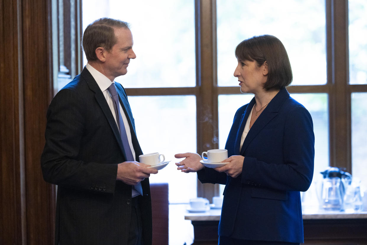 Rachel Reeves with the chief executive of Lloyds Banking Group, Charlie Nunn (Kirsty O’Connor/HM Treasury/PA)