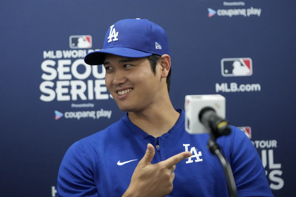 Los Angeles Dodgers' Shohei Ohtani attends a news conference ahead of a baseball workout at the Gocheok Sky Dome in Seoul, South Korea, Saturday, March 16, 2024. (AP Photo/Lee Jin-man)