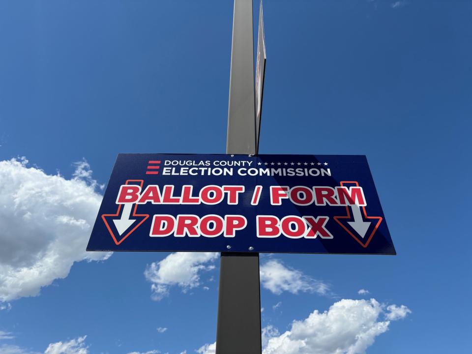 Ballot drop box sign outside of the Douglas County Election Commission in Omaha.