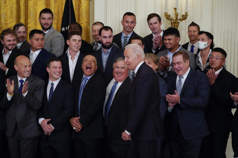 President Joe Biden arrives to speak at an event to honor the 2020 World Series champion Los Angeles Dodgers baseball team at the White House, Friday, July 2, 2021, in Washington. (AP Photo/Julio Cortez)