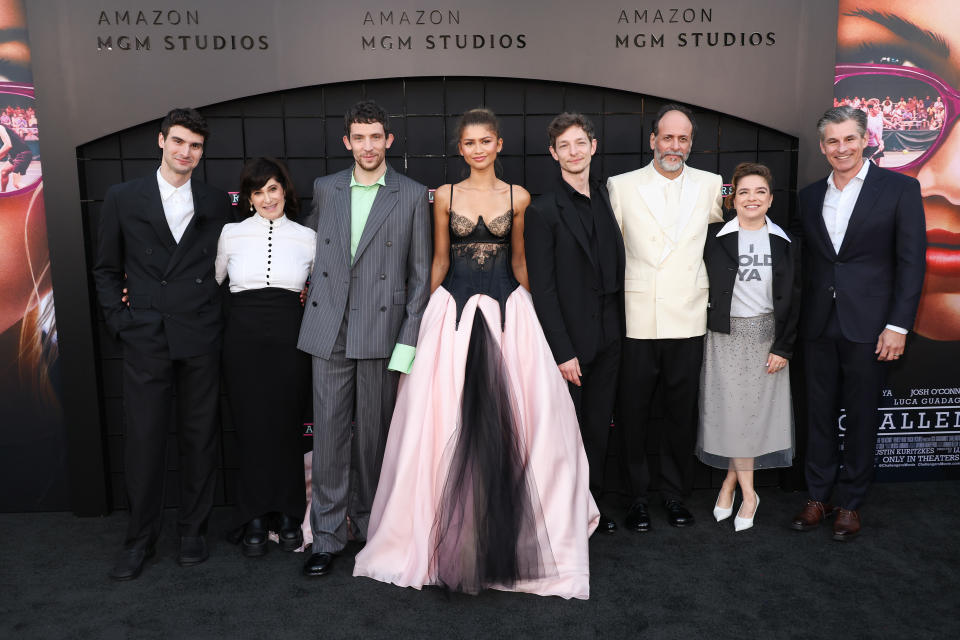 Justin Kuritzkes, Amy Pascal, Josh O'Connor, Zendaya, Mike Faist, Luca Guadagnino, Rachel O’Connor and Mike Hopkins, SVP, Prime Video & Amazon Studios attend the LA premiere of 'Challengers'.