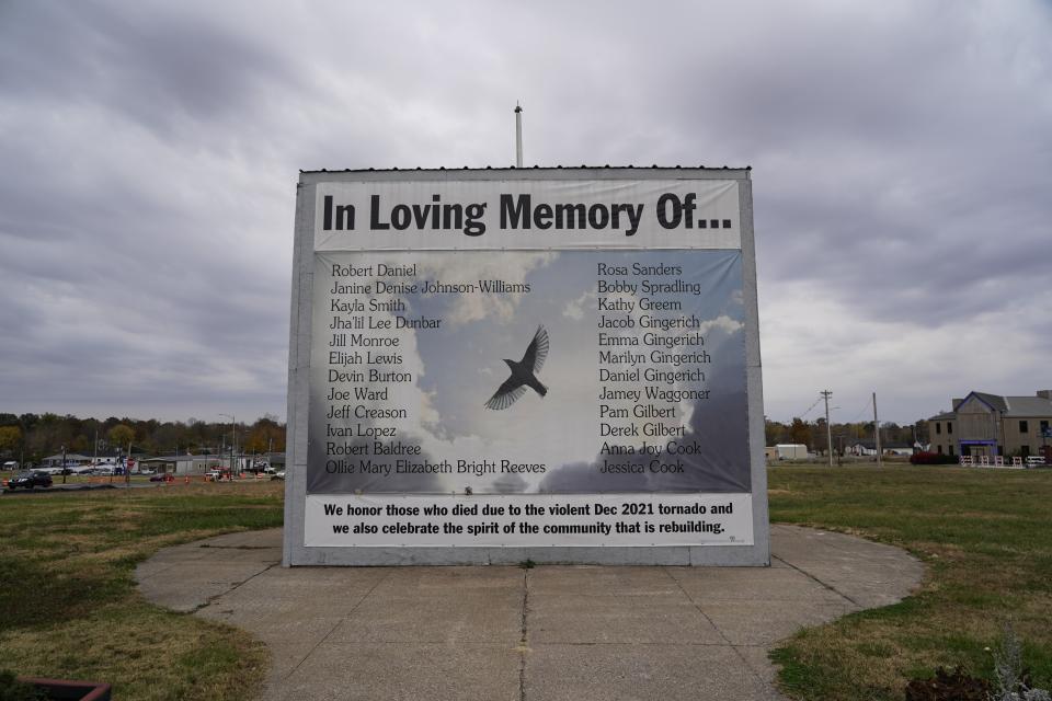 A memorial to December 2021 tornado victims is displayed on Thursday, Nov. 9, 2023, in Mayfield, Ky. (AP Photo/Joshua A. Bickel)