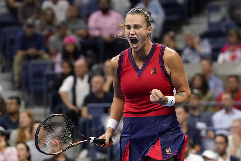 Aryna Sabalenka,of Belarus, reacts after scoring a point against Leylah Fernandez, of Canada, during the semifinals of the US Open tennis championships, Thursday, Sept. 9, 2021, in New York. (AP Photo/Elise Amendola)