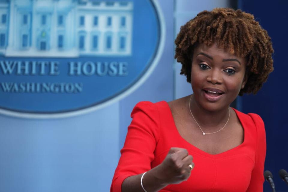 White House Press Secretary Karine Jean-Pierre speaks during a White House daily press briefing at the James S. Brady Press Briefing Room of the White House June 16, 2022 in Washington, DC. White House Press Secretary Karine Jean-Pierre held a daily press briefing to answer questions from members of the press. (Photo by Alex Wong/Getty Images)