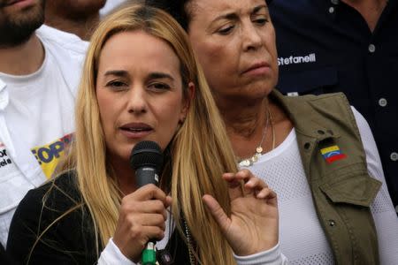 Lilian Tintori, wife of jailed Venezuelan opposition leader Leopoldo Lopez, speaks during a rally in support of political prisoners and against Venezuelan President Nicolas Maduro, outside the military prison of Ramo Verde, in Los Teques, Venezuela April 28, 2017. REUTERS/Marco Bello