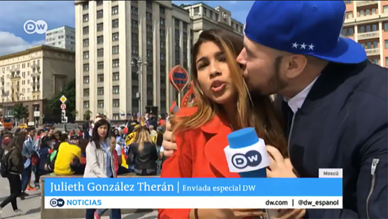 Julieth Gonzalez Theran, a reporter covering the World Cup for a German news station, was groped and kissed on the cheek during a live broadcast in Russia last week. (Twitter/DW_Espanol)