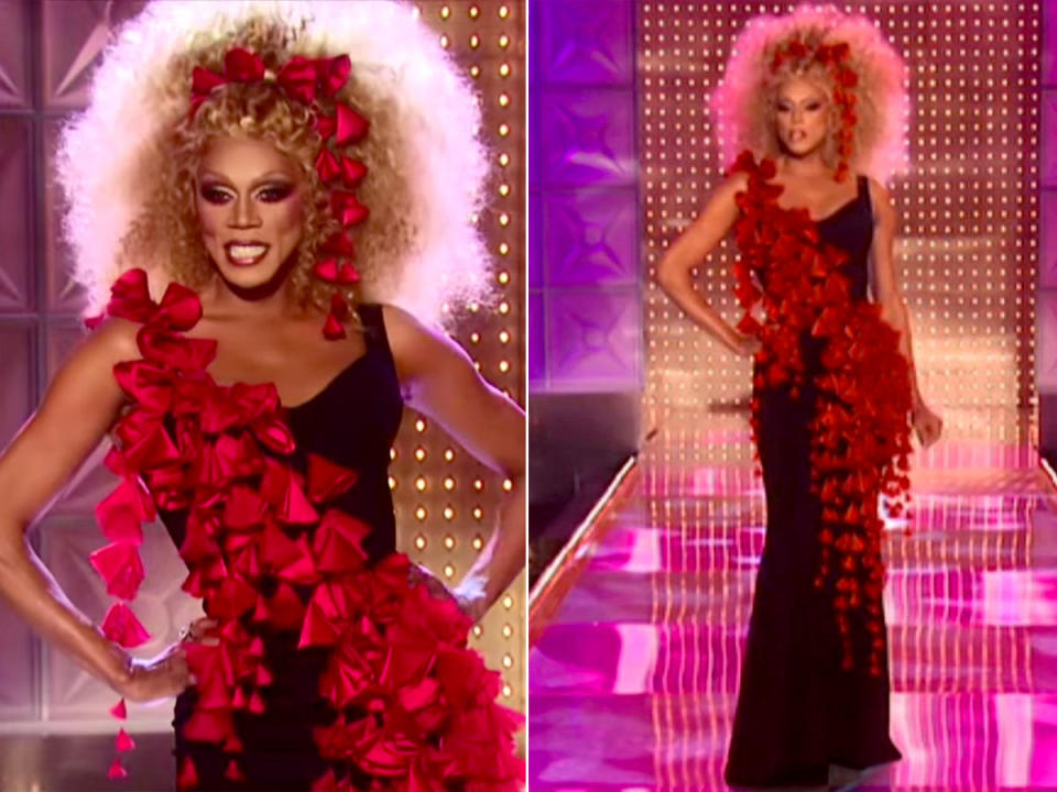 <p>Ru wore this look to season 2's Diva Awards, and she was the one who took home the top prize in this all-black dress with red silk origami-like appliqués cascading down its side. <em>Shantay you stay.</em></p>